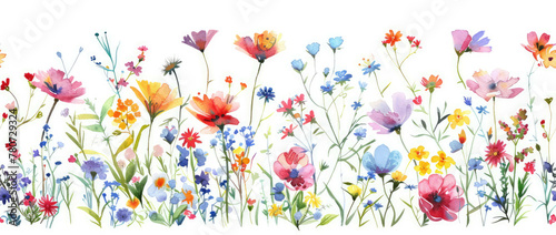 Seamless Watercolor Floral Border with Red, Blue, and Yellow Flowers