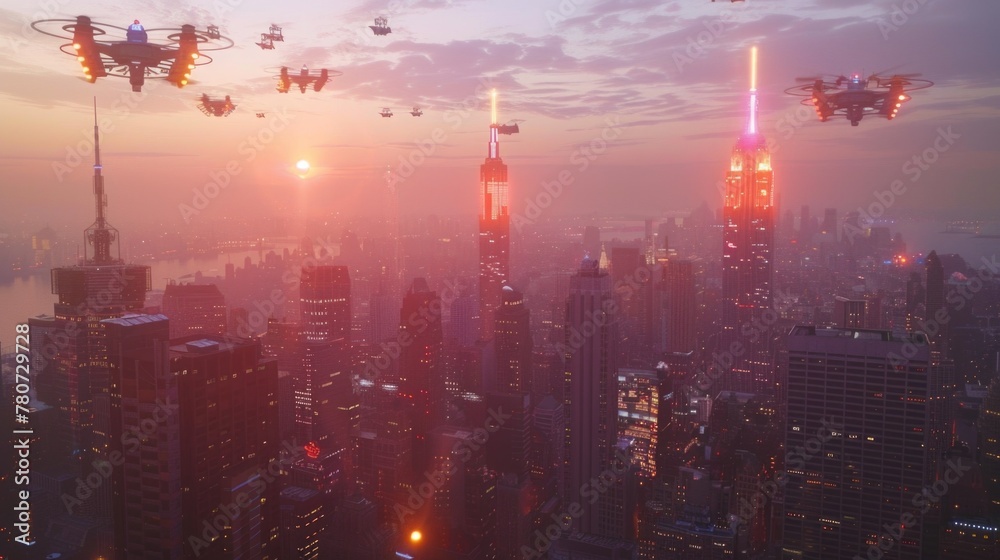 Futuristic Cityscape at Sunset with Autonomous Drones Futuristic Cityscape at Sunset with Autonomous Drones