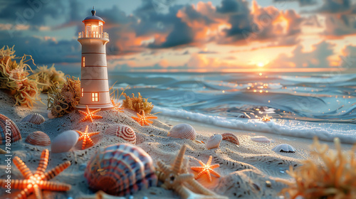 A serene beach scene within a sandbox, complete with a lighthouse, where children learn to navigate by the stars
