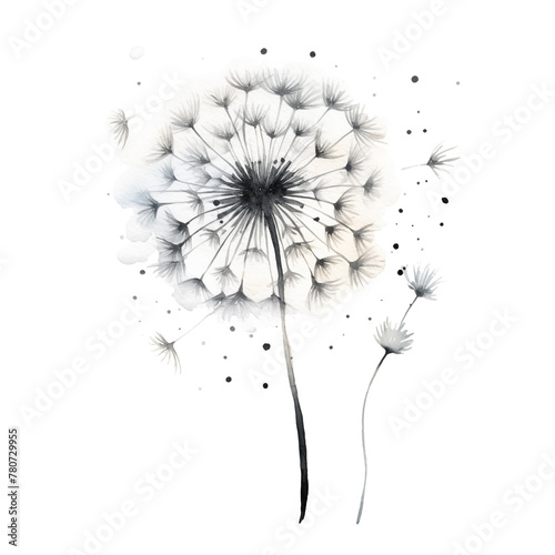 Watercolor illustration of dandelion with flying seeds isolated on white background.