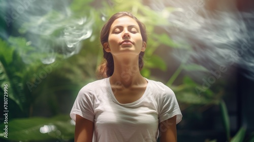 A woman practicing deep breathing in a lush green environment, serene.