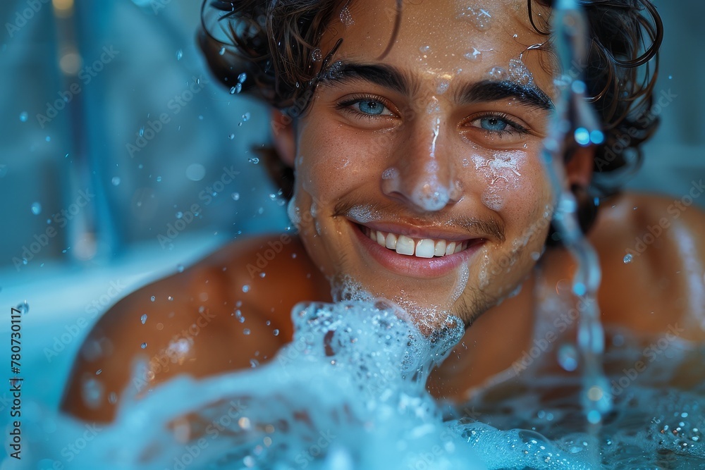 A warm portrait of a smiling man with sparkling blue eyes enjoying a relaxing bubble bath with water droplets