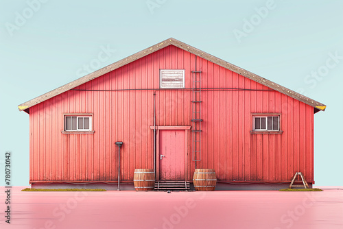 A red barn with a ladder, windows, and barrels against a pink sky.