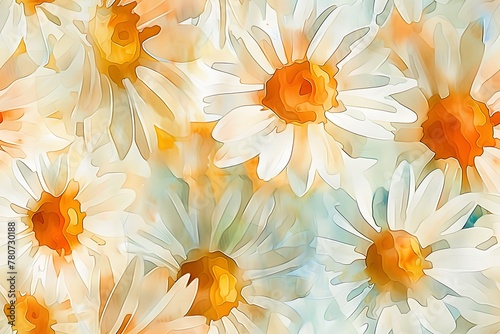 Watercolors of daisy flowers, seamless pattern tile.