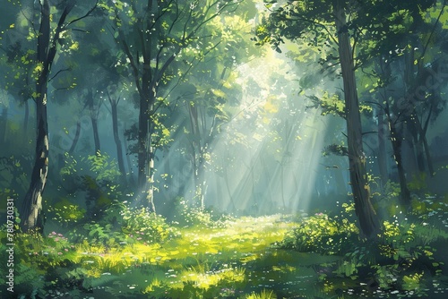 Illustration of a stunning woodland scene with sunlight streaming through the branches  captured in a landscape painting.