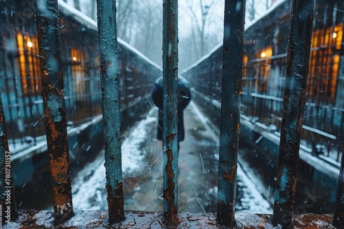 A mysterious figure stands in the distance, obscured by rain-soaked prison bars, evoking themes of isolation