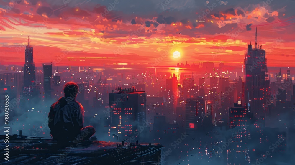 A gentleman perched on a rooftop in the urban landscape, observing the majestic dawn, captured in an artistic illustration. - obrazy, fototapety, plakaty 