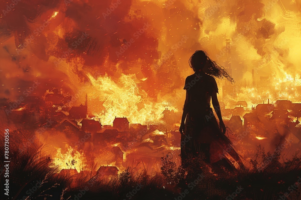 Digitally painted illustration showcasing the silhouette of a woman against a fiery village backdrop in an artful style.