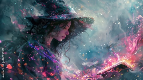 A witch with magical abilities creates enchantments using her powers in a digital art style for an illustration painting.