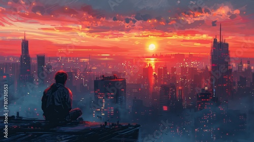 A gentleman perched on a rooftop in the urban landscape, observing the majestic dawn, captured in an artistic illustration.