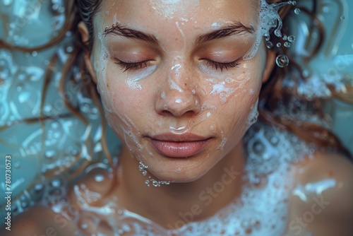 A dreamy shot of a young woman's face surrounded by water bubbles and tranquility