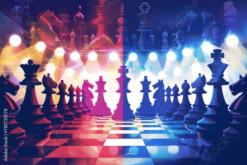 Players from different countries compete under bright lights in a chess tournament illustration.