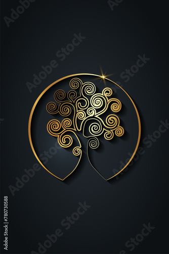 tree of life logo design, gold spiritual mandala, Sacred Geometry. Bright golden symbol of harmony and balance. Mystical talisman, luxury round sign vector isolated on black background