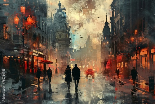 Urban dwellers walking through the city, captured in a vintage-style cityscape painting.