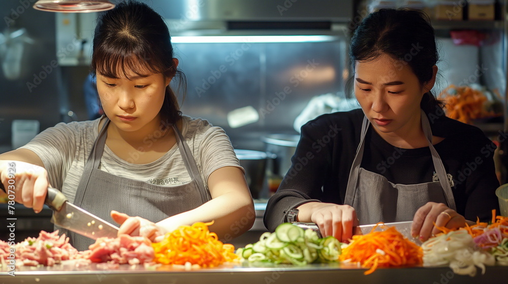 Salad cafe in Korea, two female employees focusing intently on their tasks. Sharp chef knife in hand, delicately julienning ingredients