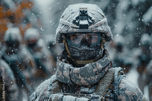 A solemn depiction of a soldier in winter camouflage standing in falling snow, conveying the harsh conditions and readiness of military personnel © Larisa AI