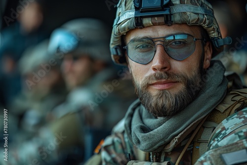 Soldier's face close-up, wearing combat helmet and tactical glasses, calm demeanor