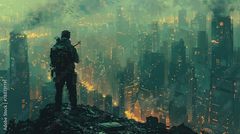 An innovative figure brandishing a firearm in a ravaged urban area, depicted in a digital art format with an illustrative painting technique. An innovative figure brandishing a firearm in a ravaged urban area, depicted in a digital art format with an illustrative painting technique.