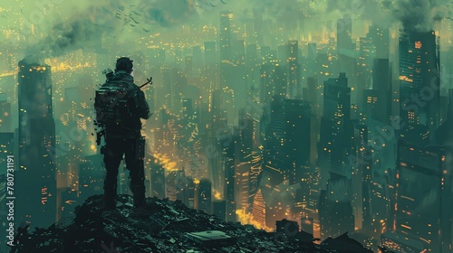 An innovative figure brandishing a firearm in a ravaged urban area, depicted in a digital art format with an illustrative painting technique. photo