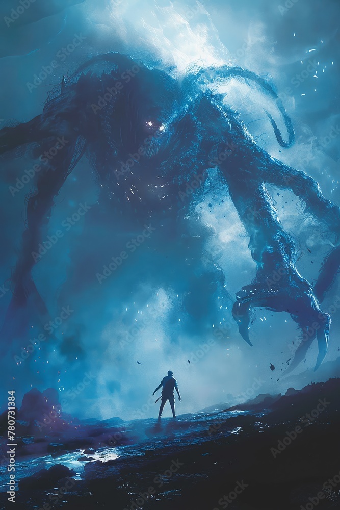 Illustration of a duel between a human and a colossal creature, a man fighting an extraterrestrial being under the moonlight, in a digital art format.