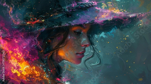 A witch with magical abilities creates enchantments using her powers in a digital art style for an illustration painting. photo