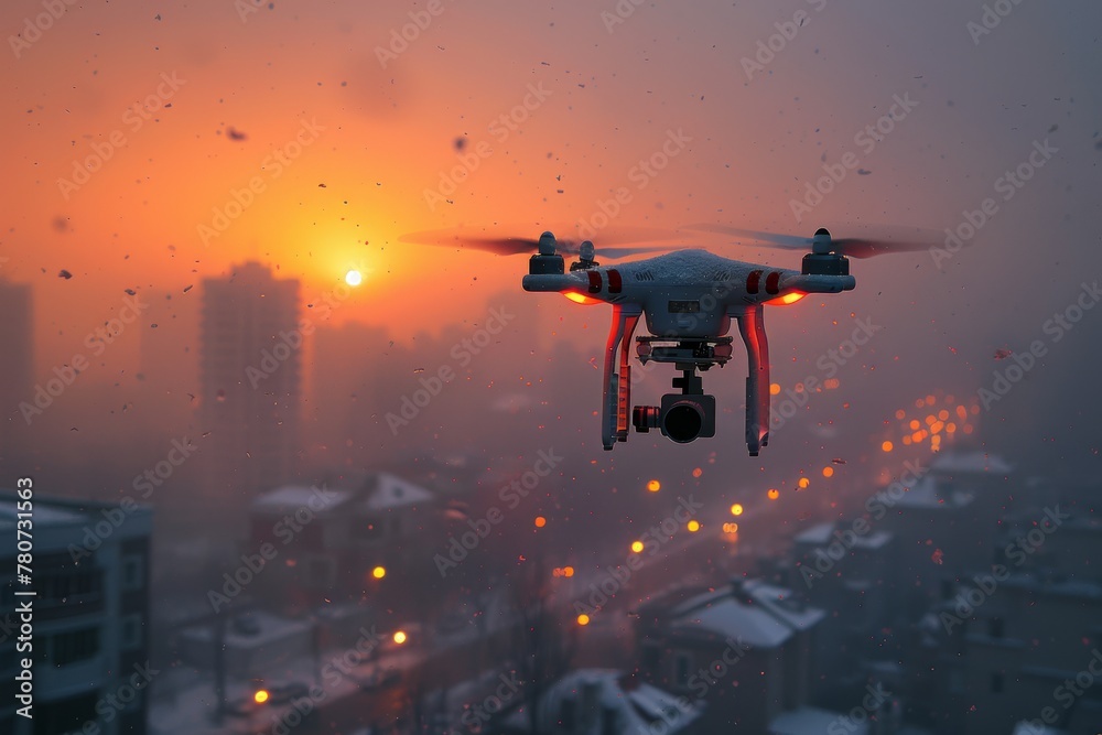 With the backdrop of a snowy dusk, this drone soars over a cityscape, a testament to modern surveillance and photography With the backdrop of a snowy dusk, this drone soars over a cityscape, a testament to modern surveillance and photography
