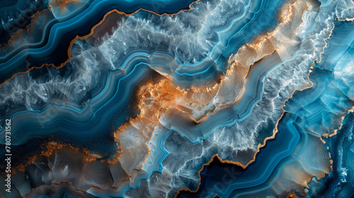 A mesmerizing abstract pattern on agate, showcasing a beautiful blend of blue and orange hues.