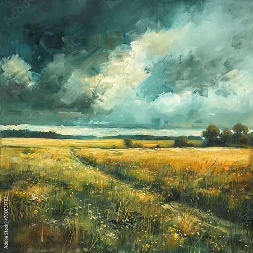 A gloomy painting depicting a countryside of green pastures and rainy skies, evoking a sense of melancholy.