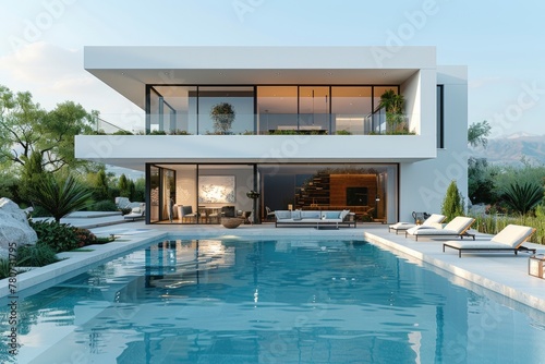 A modern villa with a swimming pool and garden, a white building with large windows, and a blue sky background © Photo Designer 4k