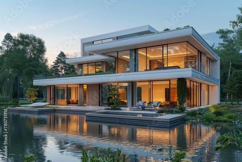 A modern villa with a swimming pool and garden, a white building with large windows, and a blue sky background