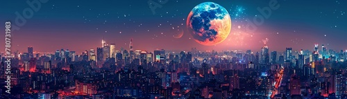 An illustration of a vivid cityscape at night with a bright full moon hovering above the colorful city lights. photo