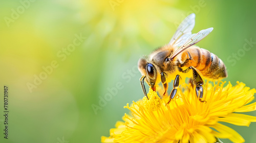 Beautiful honey bee closeup on flower gather nectar and pollen ,Animal sitting for pollination ,Important insect for environment ecology ecosystem, Awareness of nature climate change sustainability © Shanza