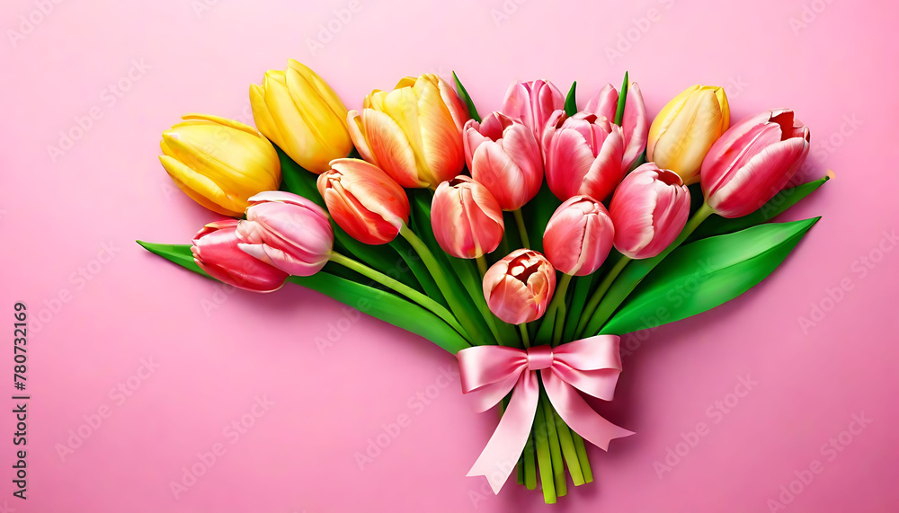 Top view photo of stylish with ribbon bow and bouquet of tulips