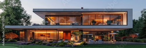 Modern house with large glass windows and terrace overlooking the golf course at sunset