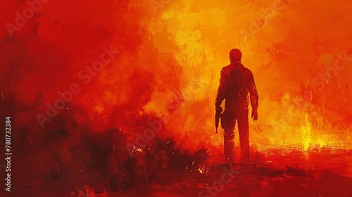 A man holding a weapon in front of a fiery backdrop, depicted in a painted illustration. © tonstock