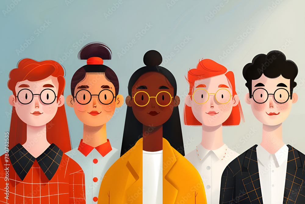 Illustration of five diverse characters with eyeglasses in front of a blue background. Illustration of five diverse characters with eyeglasses in front of a blue background.