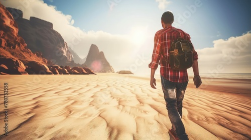 A lonely traveler with a backpack walks through the desert. Back view. The desert's solitude embraces the traveler, who walks on, undeterred by the harsh terrain.
