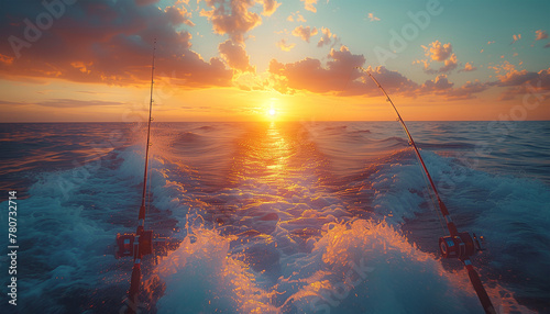 Speed boat rides extremely fast in open ocean waves with two tuna fishing rods fixed on deck stern. Evening sunset time sport angling. Active sporty people vacation and traveling concept image. photo