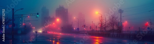 Atmospheric early morning fog in a city, mysterious, urban, landscape, vivid colors