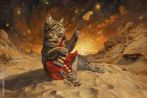 A cat is strumming an electric guitar in the desert landscape paint photo