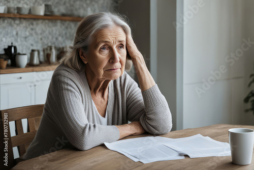 Unhappy old Caucasian woman sit at table at home cry feeling depressed sad suffer from life or health problems. Upset lonely mature female distressed with loneliness solitude, mourn yearn at home photo