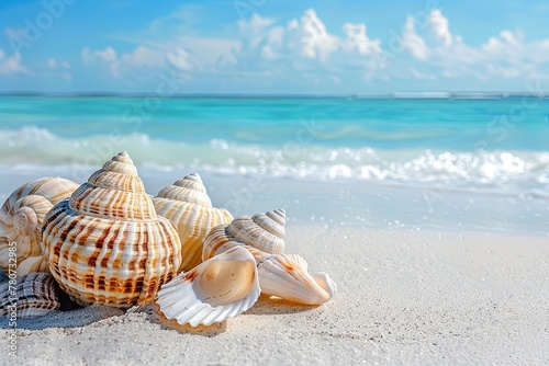 Shells rest on sandy beach by azure ocean, under blue sky, world ocean day