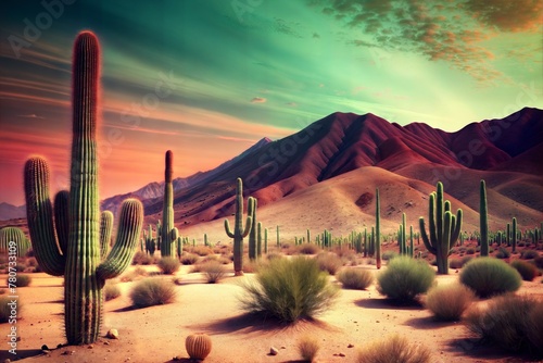 landscape field of cacti and mountains in the desert 80's retro color