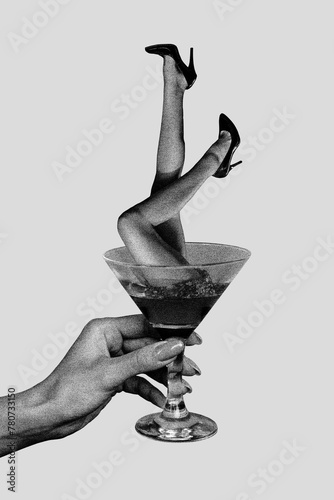 Vertical photo collage of hand hold martini glass cocktail party legs inside heels party event pub isolated on painted background photo