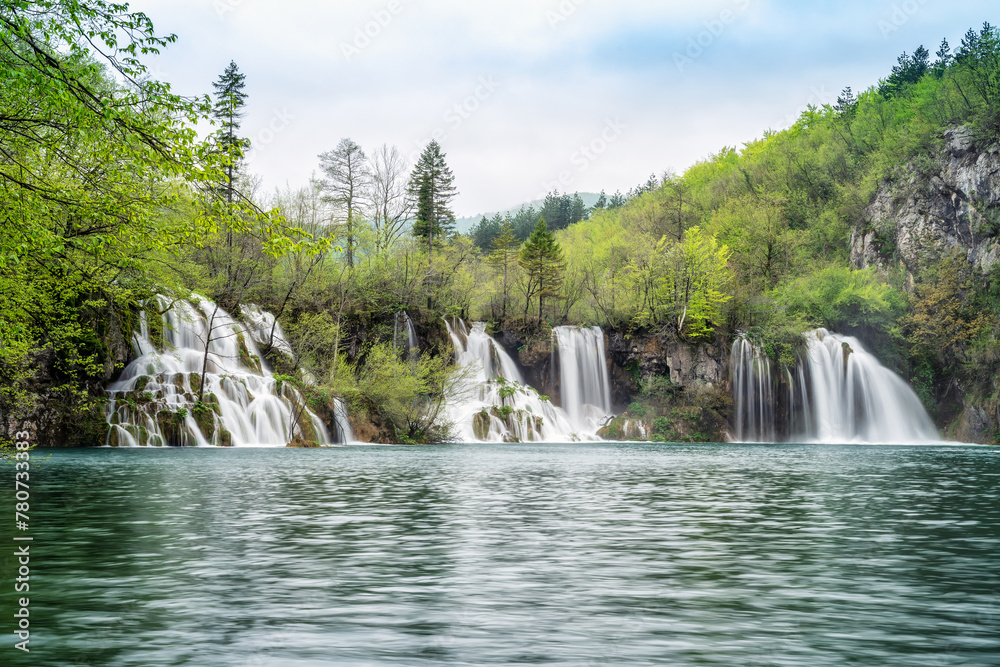 Fototapeta premium Amazing picture with some of picturesque waterfalls in the green spring forest of Plitvice national park in Croatia. Plitvice lakes closer view..