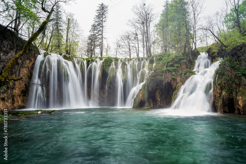 Amazing picture with some of picturesque waterfalls in the green spring forest of Plitvice national park in Croatia. Plitvice lakes closer view.. © Jess_Ivanova