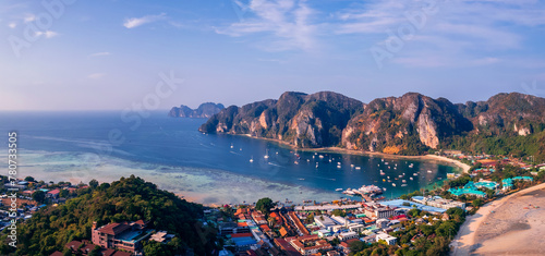 Aerial view panorama landscape longtail boat on Phi Phi island from drone, travel landmark of Thailand photo