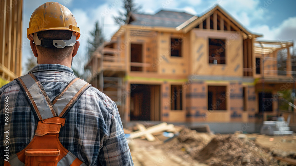 Professional builder working on a construction site, seen up close and from behind