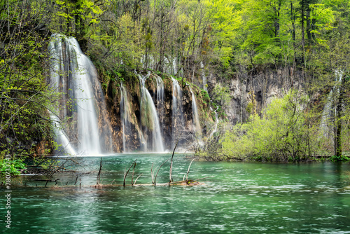 Amazing picture with some of picturesque waterfalls in the green spring forest of Plitvice national park in Croatia. Plitvice lakes closer view.. © Jess_Ivanova