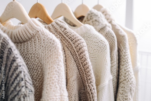 A row of white sweaters hanging on a rack. The sweaters are knitted and have a cozy, warm feeling